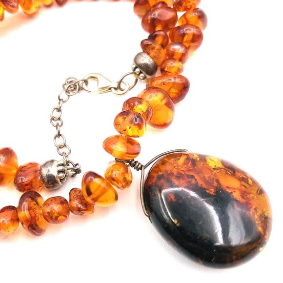 Vintage Baltic Amber Bead Necklace Sterling Silver 925 Oval Pendant Necklace - Picture 4 of 9